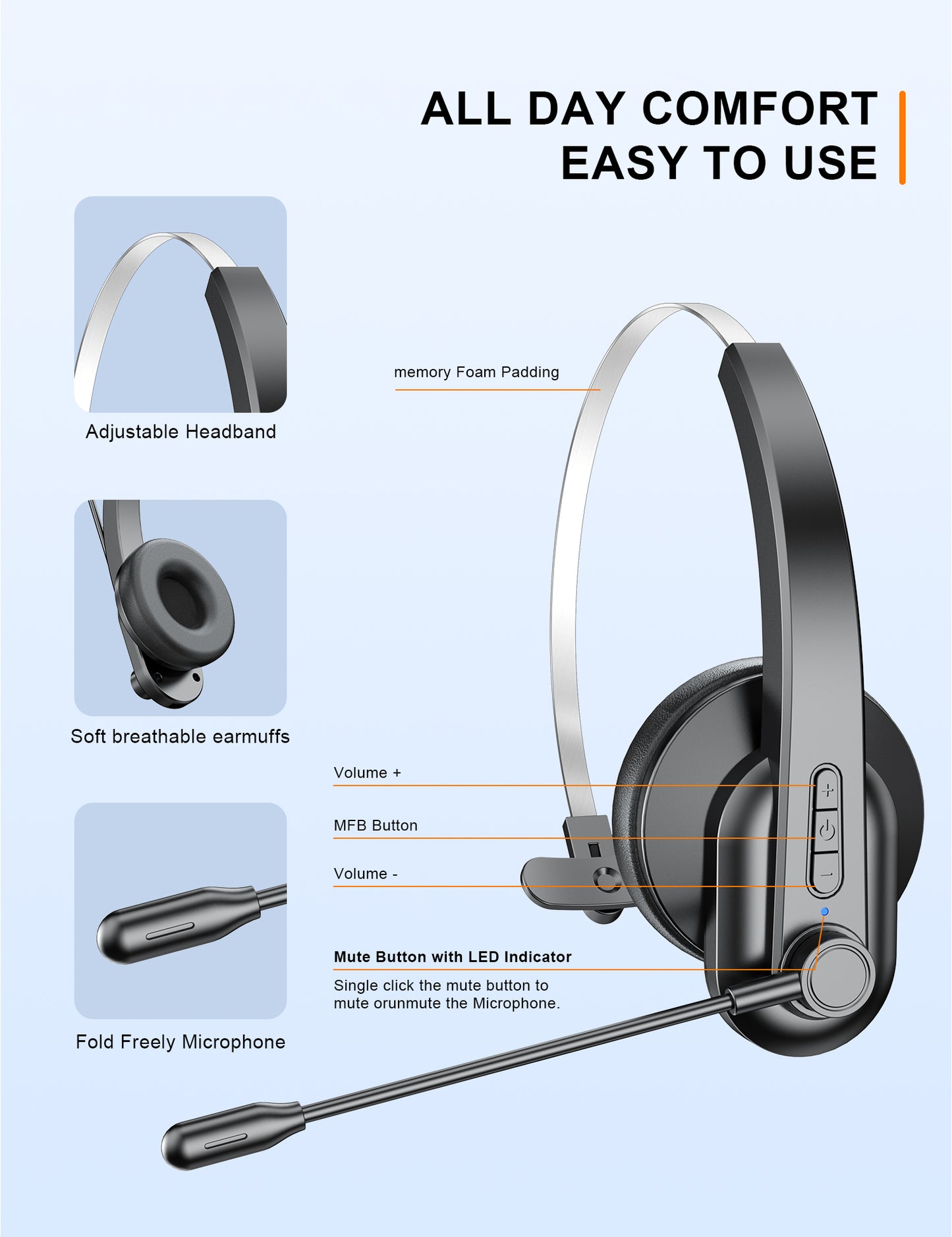 Trucker Bluetooth Headset, Bluetooth 5.4, Wireless Headsets with Noise Cancelling Microphone, 55+Hrs HD Talktime Bluetooth Headphones with Detachable Earpad/Single+Dual Mode for Office/Driving/Home